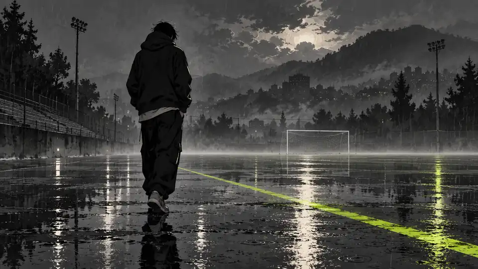 A hooded figure stands on a rain-soaked football ground after the game, with one lime field line glowing across the wet ground.